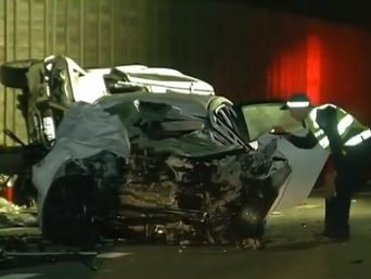 The scene of the crash on Gympie Arterial Road in which two people have died. Picture: 7 News Brisbane