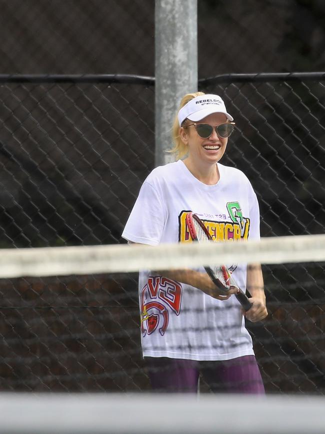 Rebel Wilson enjoying a relaxed game of tennis in Balmain on Wednesday. Picture: Media Mode