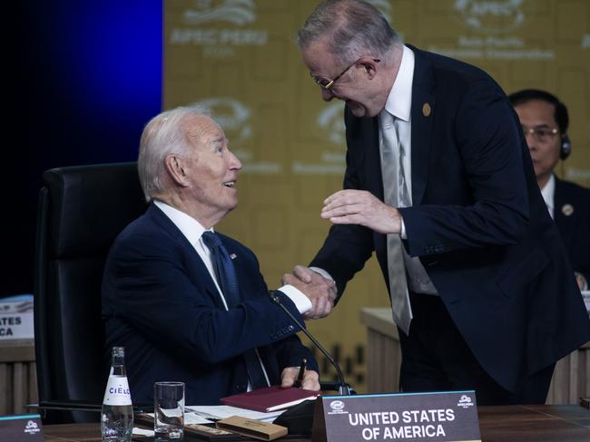 Australian Prime Minister Anthony Albanese and US President Joe Biden at the APEC Leaders Informal Dialogue in Peru on November 15, 2024.