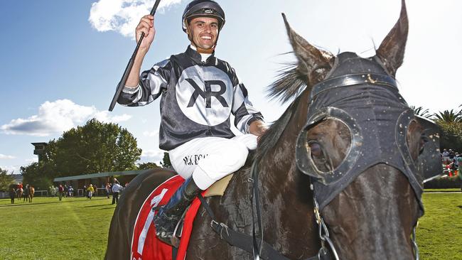 Jockey Billy Egan celebrates his win on Home by Midnight in the 2020 Launceston Cup at the Mowbray Racecourse. Picture: Zak Simmonds