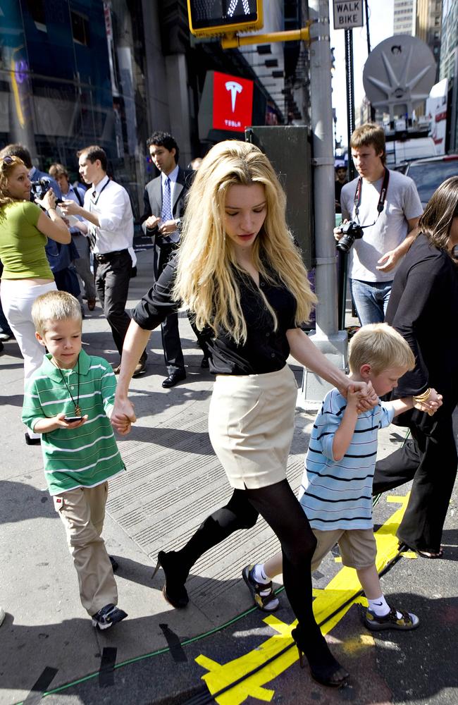 Talulah Riley, then fiancee of Elon Musk, with his twins Griffin, left, and Xavier in 2010. Picture: Daniel Acker/Bloomberg via Getty Images