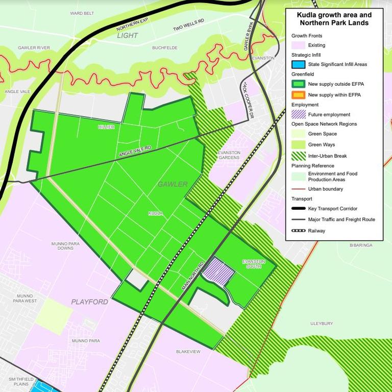 Kulda Growth Area and Northern Park Lands stretching from Uleybury in the east and connecting to the Gawler River. Picture: Supplied.