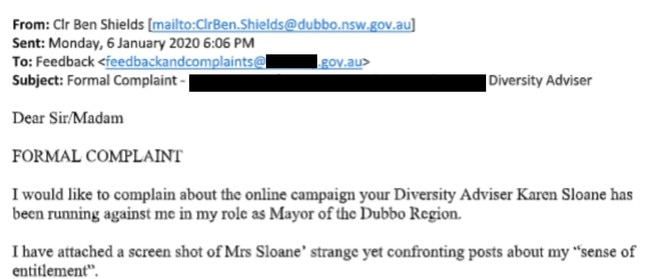 An excerpt of an email complaint former Dubbo mayor Ben Shields sent about former federal government employee Karen Sloane.