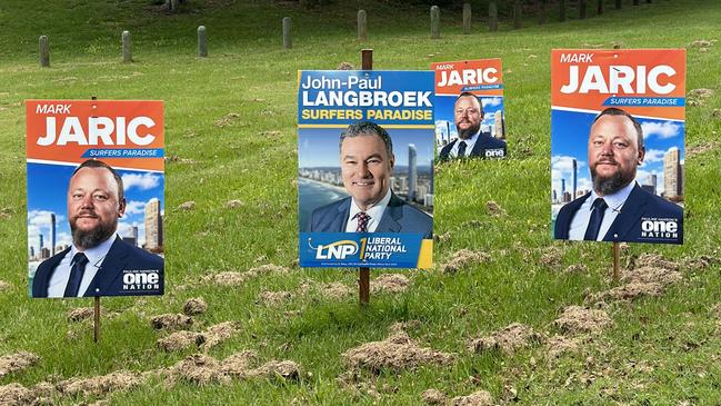 Election signage in the electorate of Surfers Paradise. It includes Surfers Paradise itself as well as Main Beach, Broadbeach, Broadbeach Waters, Clear Island Waters and parts of Bundall, Benowa and Carrara. Picture: Ashleigh Jansen