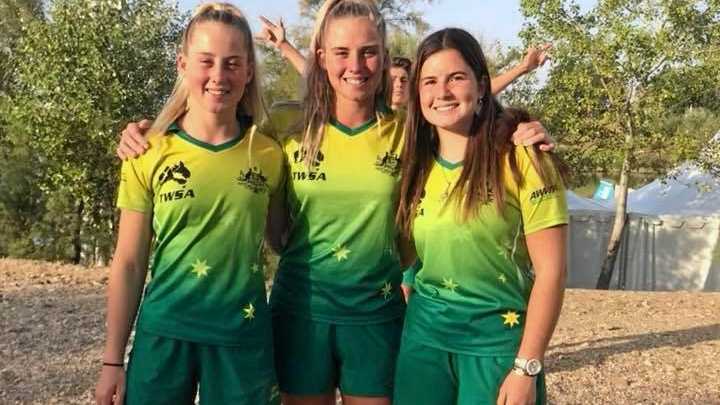 GOLD AND GREEN: Sade and Molly Ferguson from Roma with Abbey Teague are part of the Australian junior waterskiing team competing at the World Championships in Spain. Picture: Contributed