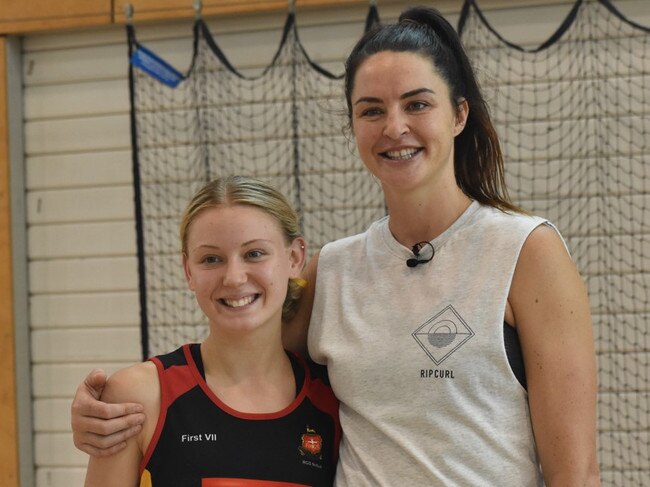 Former Australian Diamonds star Sharni Norder ran coaching clinics for Rockhampton Grammar School netballers.