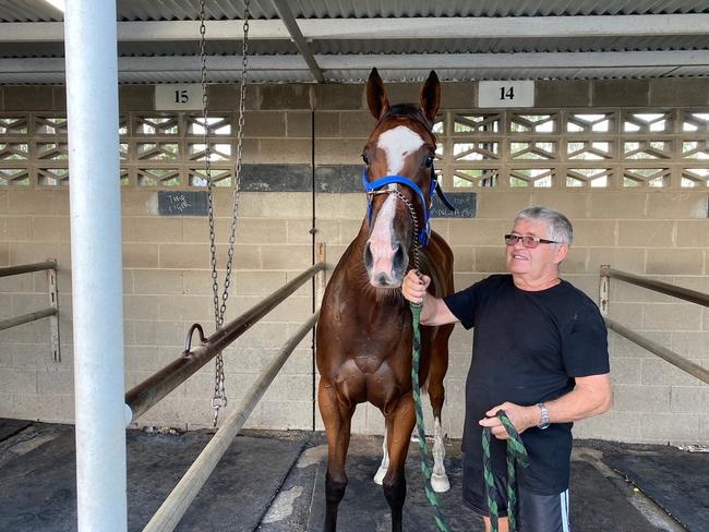 Trainer Kevin Hansen and Sweet Dolly after her Callaghan Park gallop on Monday morning. Photo: Tony McMahon.