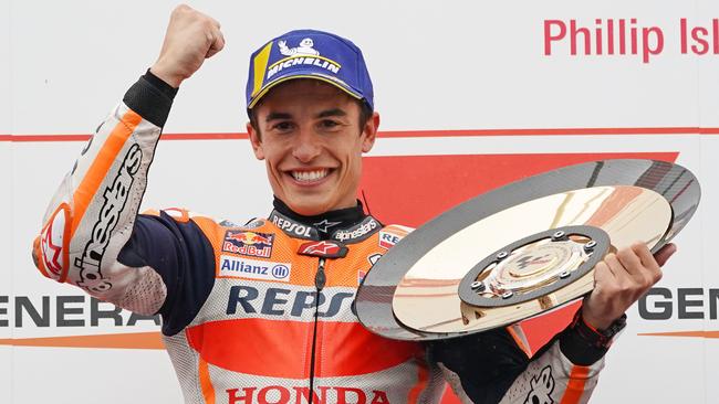 Marc Marquez with the spoils of another brilliant ride. Picture: AAP