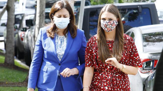 Queensland Premier Annastacia Palaszczuk and Environment Minister Meaghan Scanlon met with Gold Coast tourism bosses Patricia O' Callaghan and Paul Donovan at Le Jardin in Main Beach. Picture: Tertius Pickard.