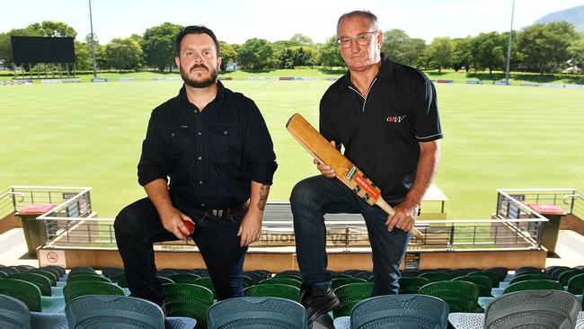 Federal member for Herbert Phillip Thompson and Cricket North Queensland president Peter Busch are campaigning for lighting upgrades at Riverway Stadium. Picture: Shae Beplate.