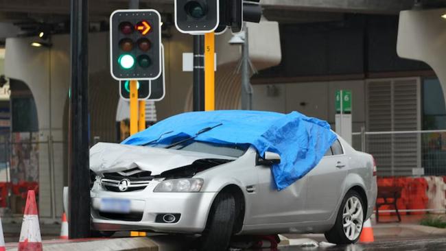 The driver of a silver Holden Commodore who was allegedly armed with a knife and acting erratically has been charged with murder and other offences after he struck and killed a Perth construction worker with this vehicle. Picture: ABC