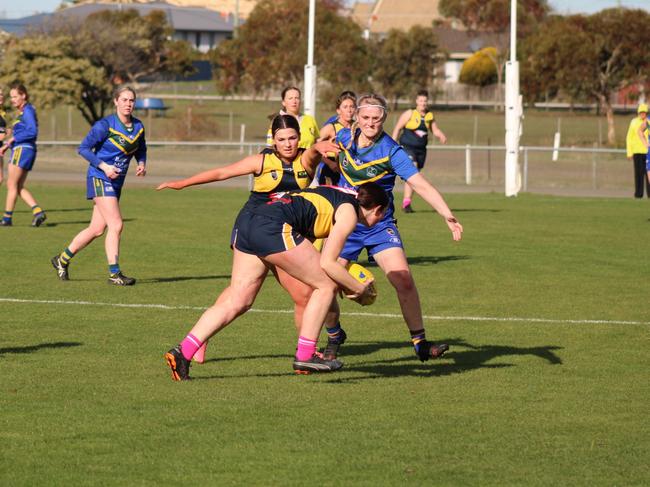 SFLW Community League - Action from Sorell v St Virgils during the annual Pink Sock-Carolyn Birch Memorial Match. Picture: Jake Garland