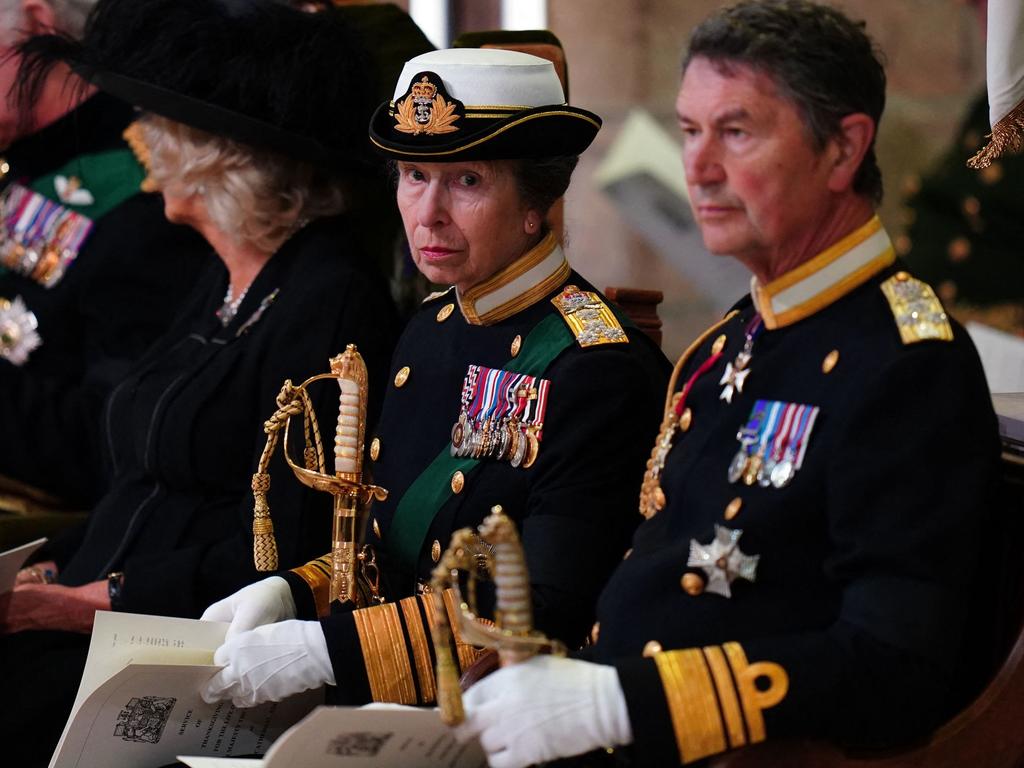 Princess Anne, Princess Royal (C) and Vice Admiral Timothy Laurence (R) attend a Service of Thanksgiving for the life of Queen Elizabeth II at St Giles' Cathedral, in Edinburgh. Picture: AFP