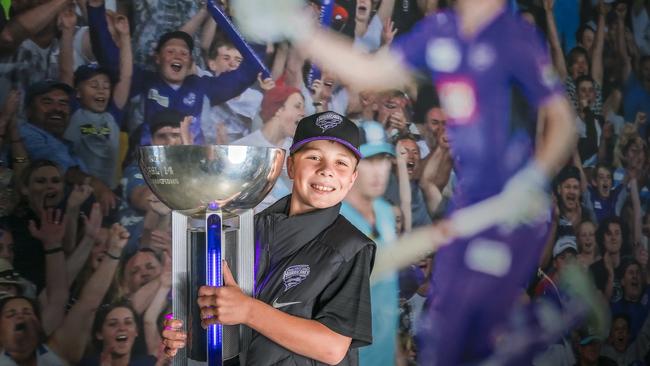 Charlie Meers, 9, at Ninja Stadium with the BBL Trophy. Picture: Caroline Tan