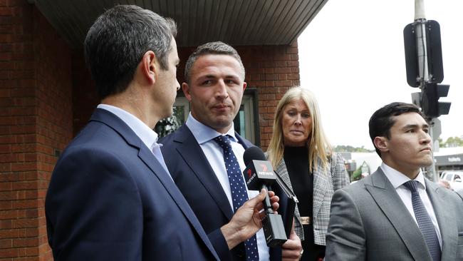 Former NRL star Sam Burgess and his mum Julie Burgess leaving Moss Vale Local Court. Picture: Jonathan Ng