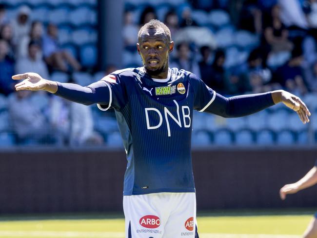 Jamaican sprint legend Usain Bolt reacts during the friendly football match between Stromsgodset and Norway's U19 team at Marienlyst Stadium in Drammen, Norway, June 5, 2018.  / AFP PHOTO / NTB scanpix AND NTB Scanpix / Vidar RUUD / Norway OUT
