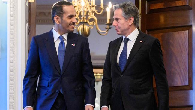 US Secretary of State Antony Blinken, right, with Qatari Prime Minister Sheik Mohammed bin Abdulrahman al-Thani at the State Department in Washington on Monday. Picture: AFP