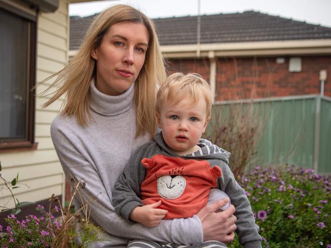 Domenique Szantyr, 35, and son Lachlan, 2, are trying to get to South Australia to her terminally ill mother. Picture: Jason Edwards