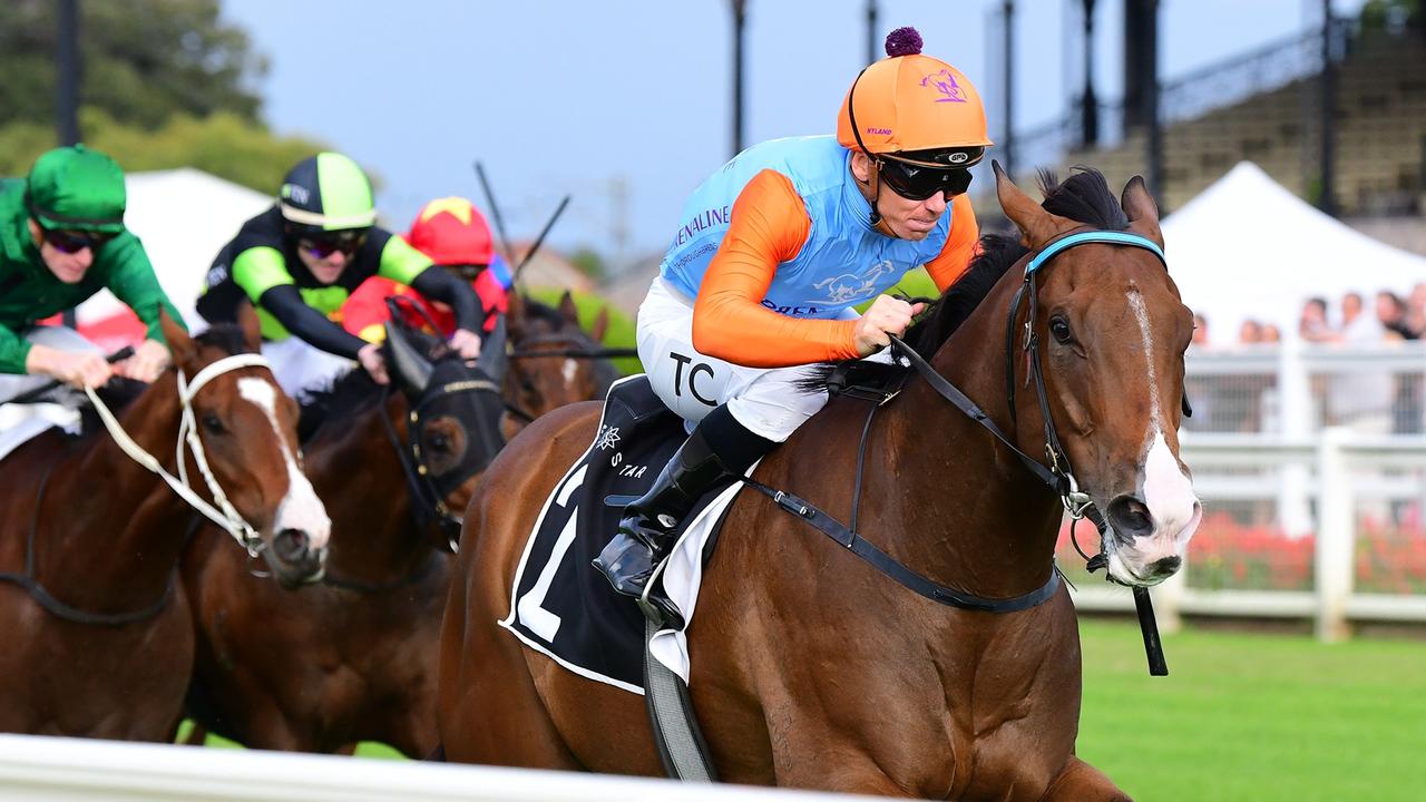 Supplied Editorial Rob Heathcote-trained sprinter Prince Of Boom confirms his spot in
 the Stradbroke Handicap by scoring the Moreton Cup at Eagle Farm under jockey
 Tim Clark. Pictures: Grant Peters, Trackside Photography
