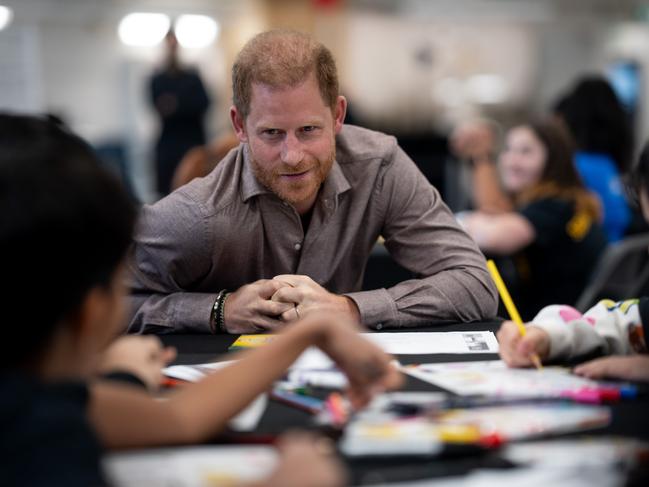 Harry mingled with primary school students during the Invictus Games 2025 School Program launch event at Seaforth Armoury in Vancouver, Canada. Picture: Getty Images