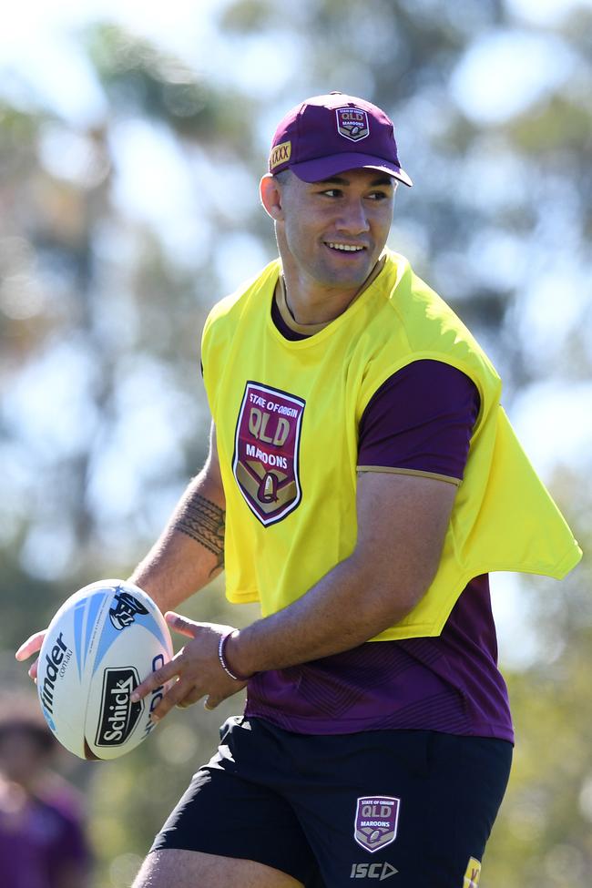 Jaydn Su'A at Maroons training at Sanctuary Cove on the Gold Coast today. Picture: Dave Hunt/AAP