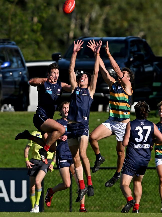 VAFA: Up they fly in Old Melburnians v St Kevin’s. Picture: Andy Brownbill