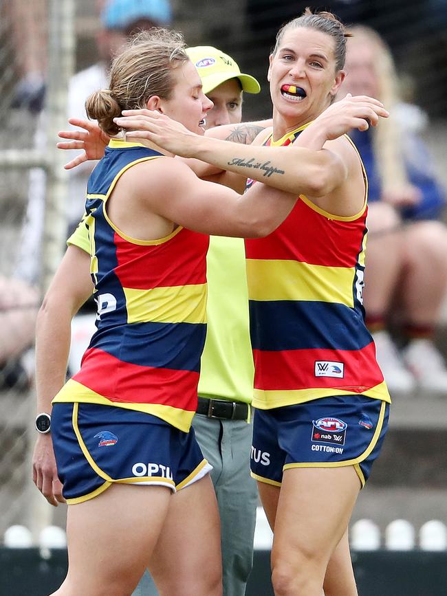 Chloe Scheer celebrates her goal with Chelsea Randall (right).