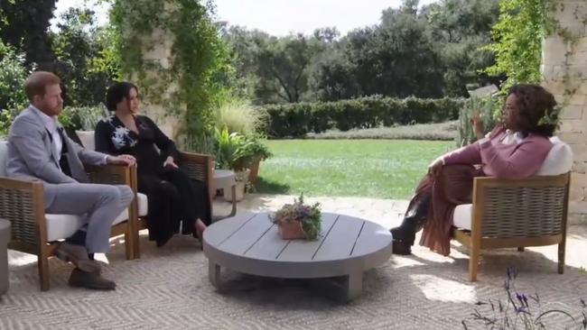 Harry and Meghan speak with Oprah Winfrey. Picture: Screengrab