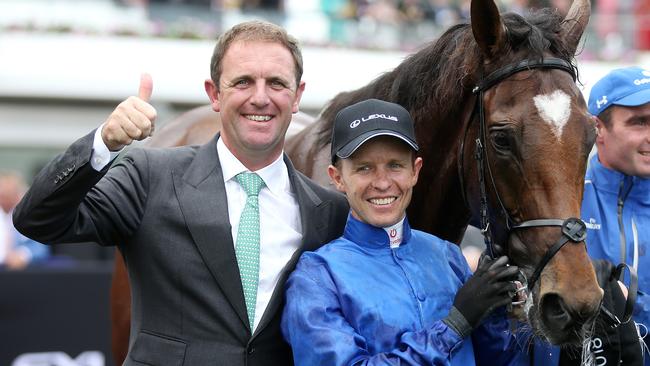 Cross Counter Melbourne Cup winning trainer and jockey Charlie Appleby and Kerrin McEvoy. Picture: Michael Klein