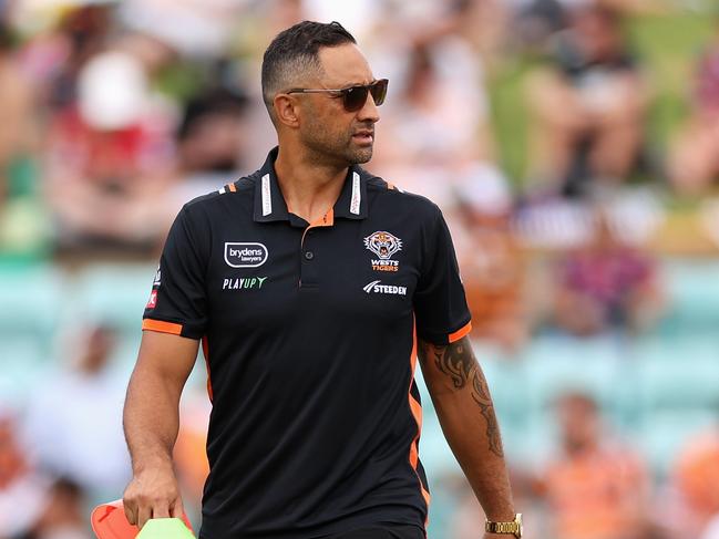 SYDNEY, AUSTRALIA - MARCH 12: Tigers assistant coach Benji Marshall looks on during the round two NRL match between Wests Tigers and Newcastle Knights at Leichhardt Oval on March 12, 2023 in Sydney, Australia. (Photo by Cameron Spencer/Getty Images)