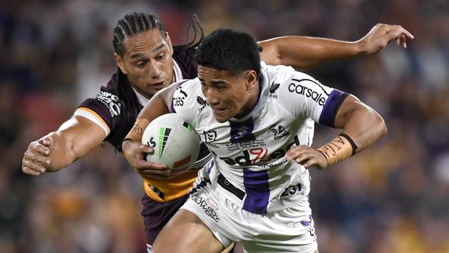 Storm rookie Sualauvi Faalogo lived up to the hype in his NRL debut. Picture: NRL Photos