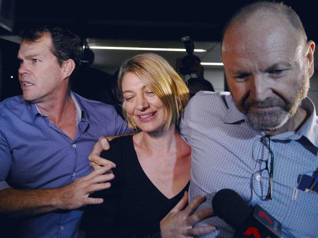 60 Minutes presenter Tara Brown and producer Stephen Rice (right) arriving at Sydney Airport, after they were released on bail from prison in Beruit in 2016. Picture: AFP