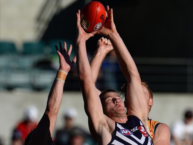 Michael Apeness flies for a mark during his time at Fremantle. Picture: Daniel Wilkins