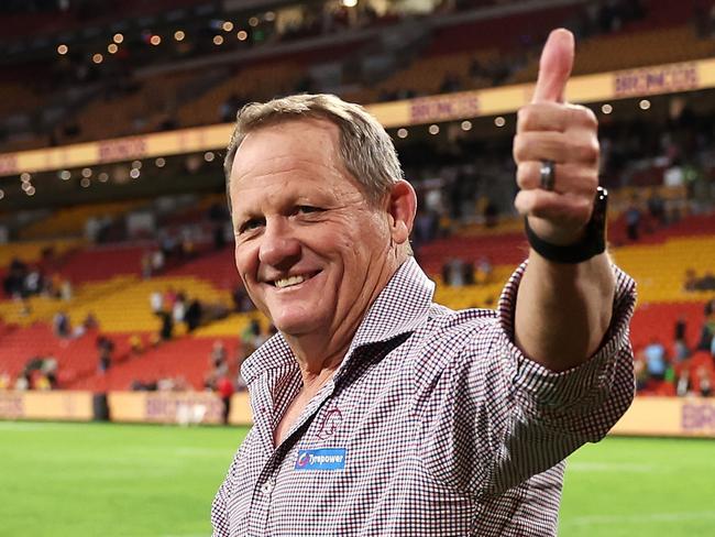 BRISBANE, AUSTRALIA - MAY 17: Broncos coach Kevin Walters gestures to the crowd after the round 11 NRL match between Manly Sea Eagles and Brisbane Broncos at Suncorp Stadium, on May 17, 2024, in Brisbane, Australia. (Photo by Hannah Peters/Getty Images)