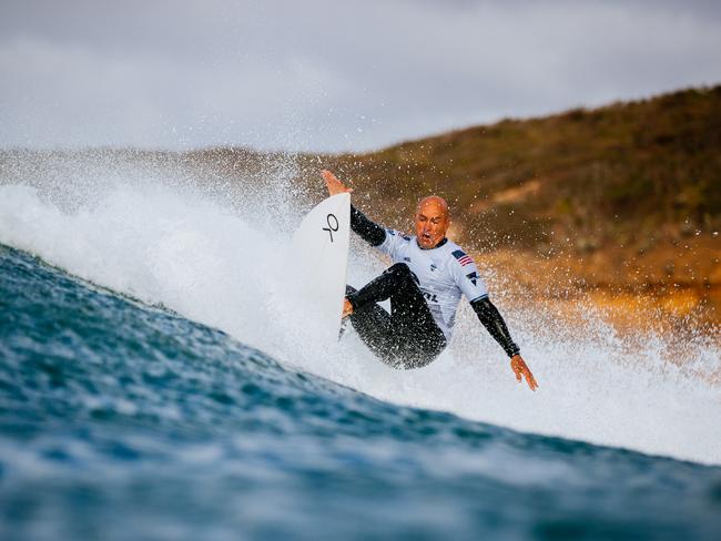 BELLS BEACH, VICTORIA, AUSTRALIA - MARCH 26: Eleven-time WSL Champion Kelly Slater of the United States surfs in Heat 3 of the Opening Round at the Rip Curl Pro Bells Beach on March 26, 2024 at Bells Beach, Victoria, Australia. (Photo by Ed Sloane/World Surf League)