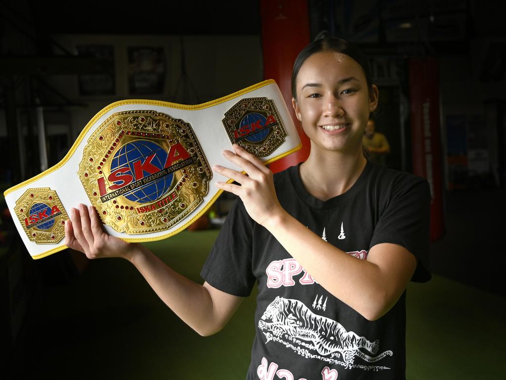 Holly Nyguen celebrates winning the ISKA Queensland Junior title. Picture: Bev Lacey