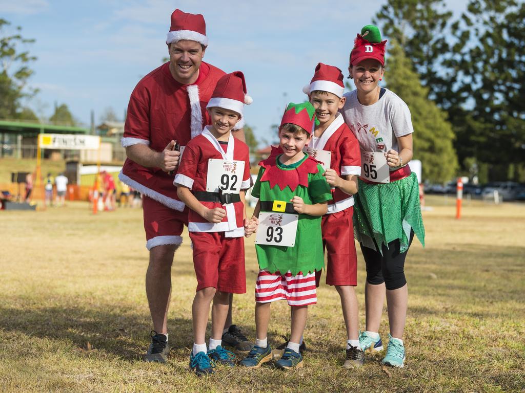 In the Christmas spirit for the run are (from left) Bruce, James, Archie, Lachlan and Alison McConnel at the Toowoomba Hospital Foundation's Reindeer Run at Baillie Henderson Hospital to raise funds for the Toowoomba Hospital Christmas Appeal, Sunday, December 6, 2020. Picture: Kevin Farmer