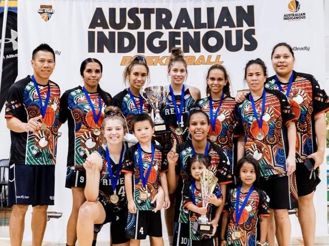 The victorious Darwin Rebels women outfit after winning the 2019 Australian Indigenous Basketball Championships title in Cairns.