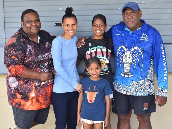 Wariba Seriat, Maletta Seriat, Carlee Seriat-O'Cloudy, Anton Nona and Amelia Seriat from the Torres Strait at the Basketball Queensland under-14 girls state championships in Rockhampton on June 30, 2024.