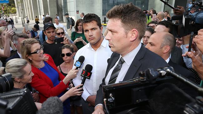 Gable Tostee’s lawyer Nick Dore speaks to the media after his client was found not guilty of the murder or manslaughter of Warriena Wright. PIC: Jack Tran