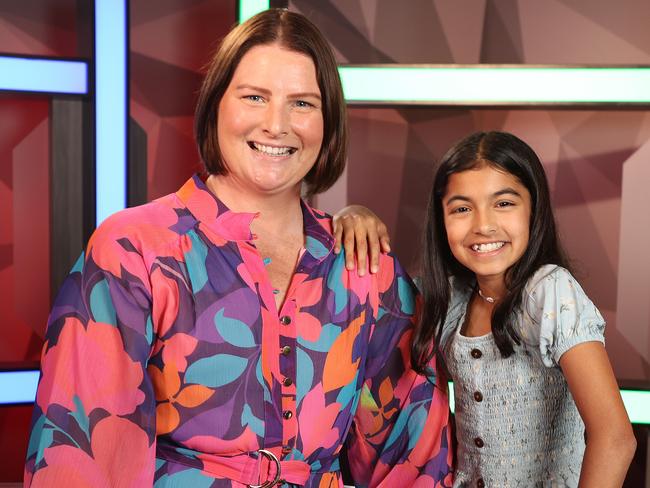 Leisel Jones and interviewer Samara Wheeler, 12, for Tiny Edition, Bowen Hills. Picture: Liam Kidston