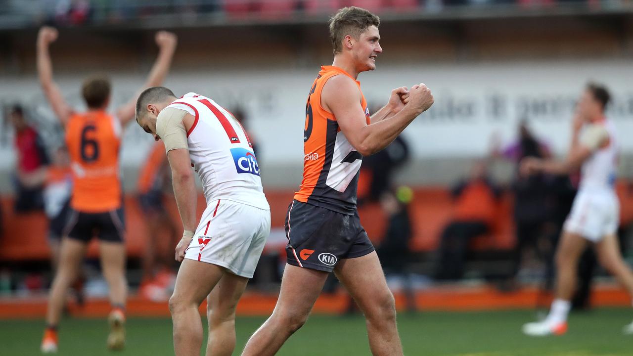 GWS players celebrate on the final siren. Picture: Phil Hillyard