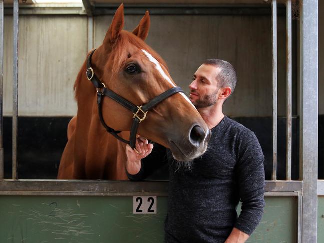 03/11/19 Part-owner Brae Sokolski with Melbourne Cup runner Finche. Aaron Francis/The Australian