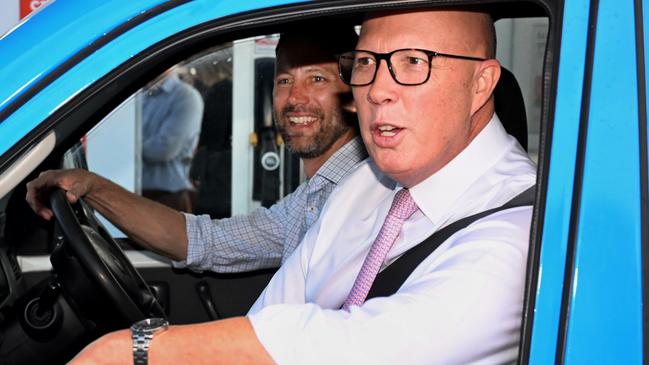 Peter Dutton visiting a petrol station on Friday. Picture: Dan Peled/Getty Images