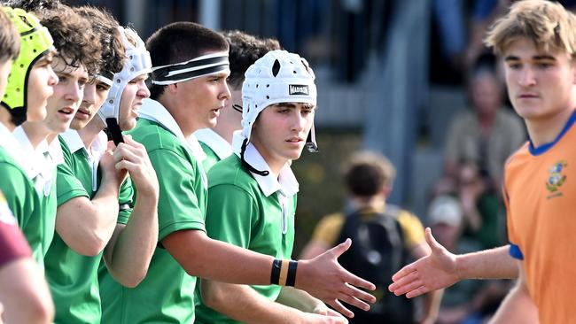 Villanova prop Cooper Harris, left, shakes hands prior to the start against Ash. Right is Ash’s captain Seb Gardiner. Picture, John Gass