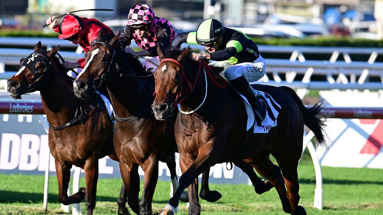 Supplied Editorial Think About It wins the Group 1 Kingsford Smith Cup at Eagle Farm for  trainer Joe Pride and jockey Sam Clipperton. Picture: Grant Peters, Trackside Photography