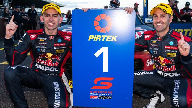 Jamie Whincup and Broc Feeney celebrate after winning the Penrite Oil Sandown 500. Picture: Daniel Kalisz/Getty Images