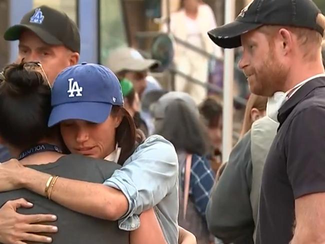 Meghan and Harry met with victims of the Los Angeles fires on Friday. Picture: CBS