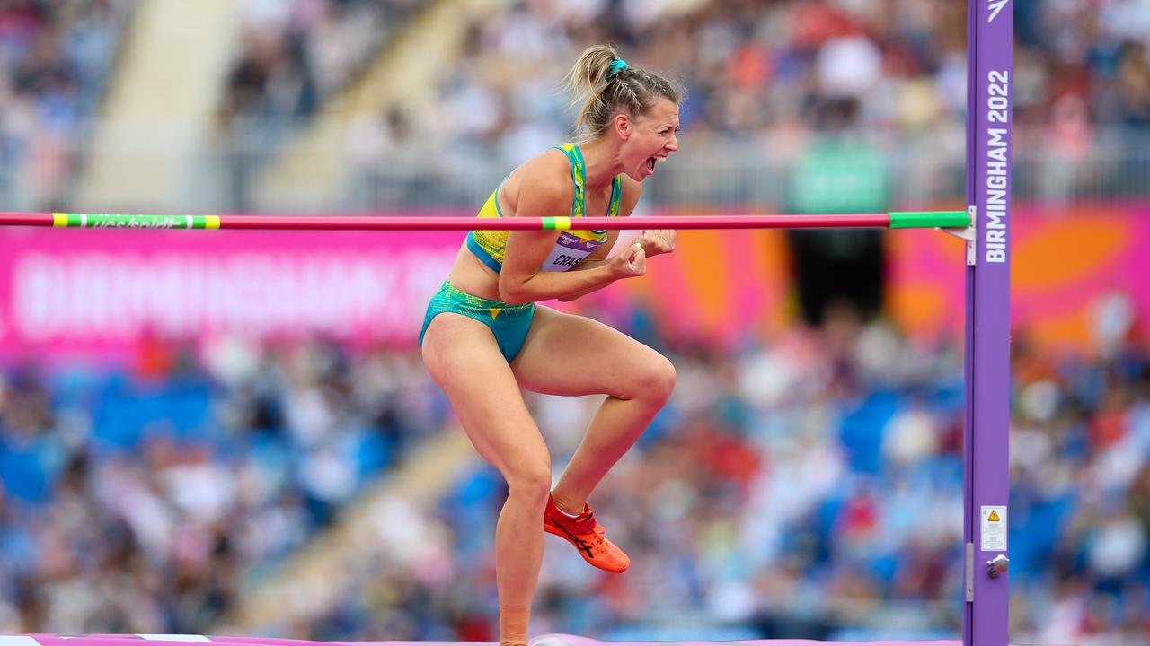 Crase reacts during the women's heptathlon high jump at the Birmingham Games. Picture: Getty