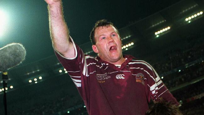 Captain Trevor Gillmeister chaired off field after Maroon's victory in the 1995 upset series win over New South Wales.